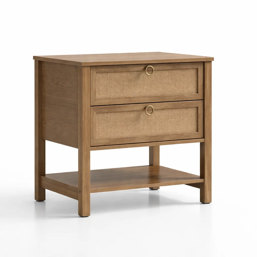 Velador Cannage – Mesa de Noche de Madera Roble Claro con 2 Cajones en Ratán & Estante Inferior