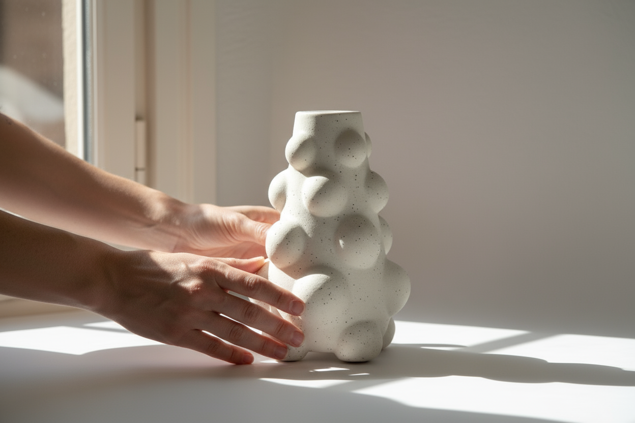 Jarrón cerámico con interacción humana