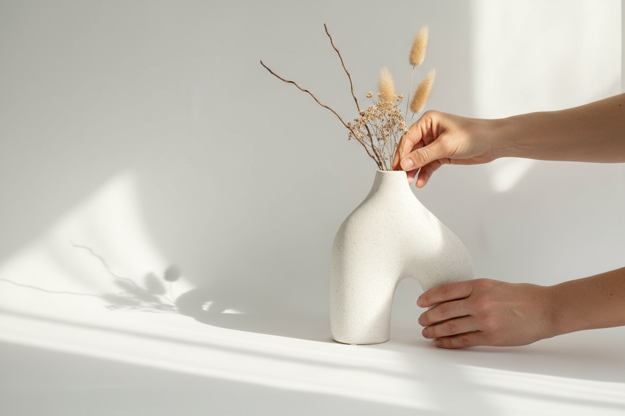 Jarrón Colos with dried flowers being arranged