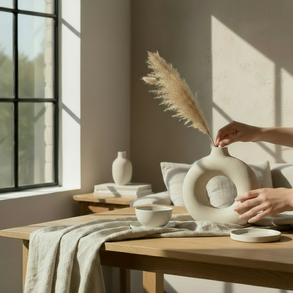 Jarrón con mano colocando flor - sin plantas