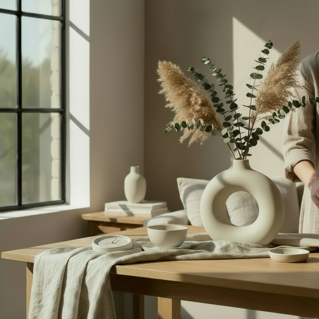 Jarrón en mesa con persona pasando