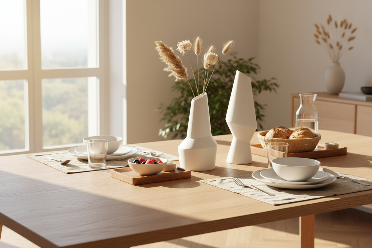Jarrones en mesa de comedor para desayuno