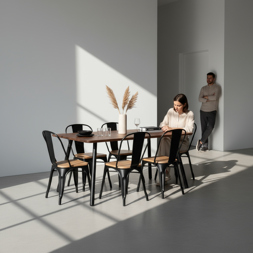 Juego de Comedor Aula Nogal 6P + Silla Tolix Madera