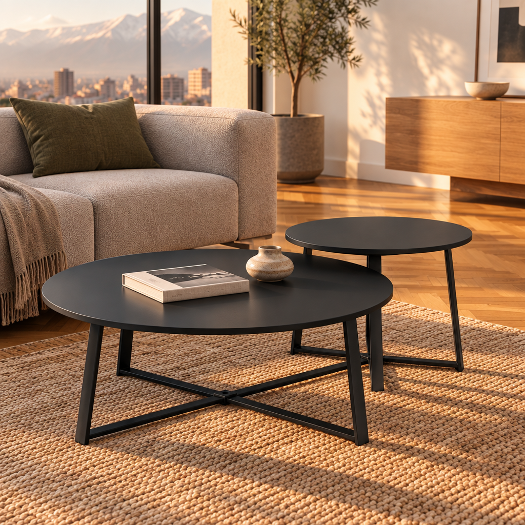 Mesa de Centro Moon, escena cálida con proporciones corregidas