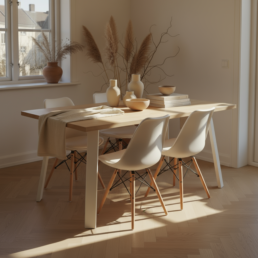 Juego Comedor Paladio Natural 6P + 6 DSW Blancas