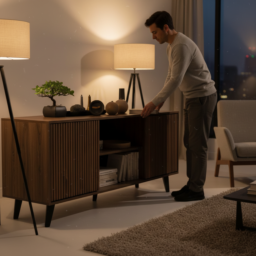 Quiet evening scene with person organizing credenza