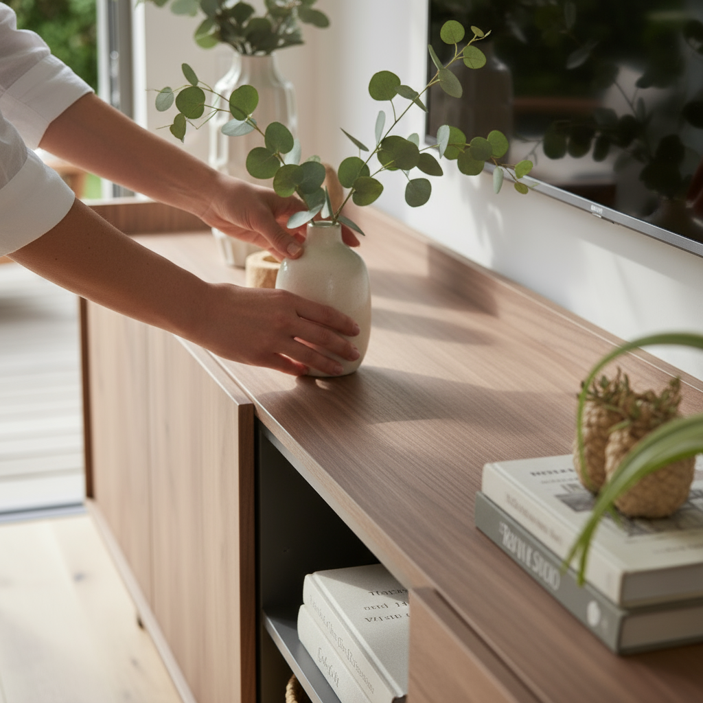 Rack Studio Nogal - Close-Up Manos