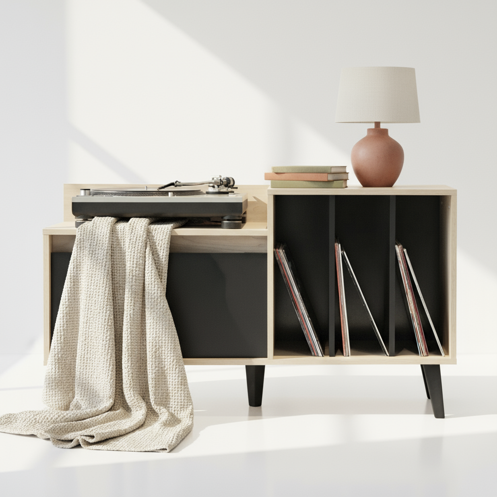 Rack Vinilo Nougat estilizado con objetos de escucha