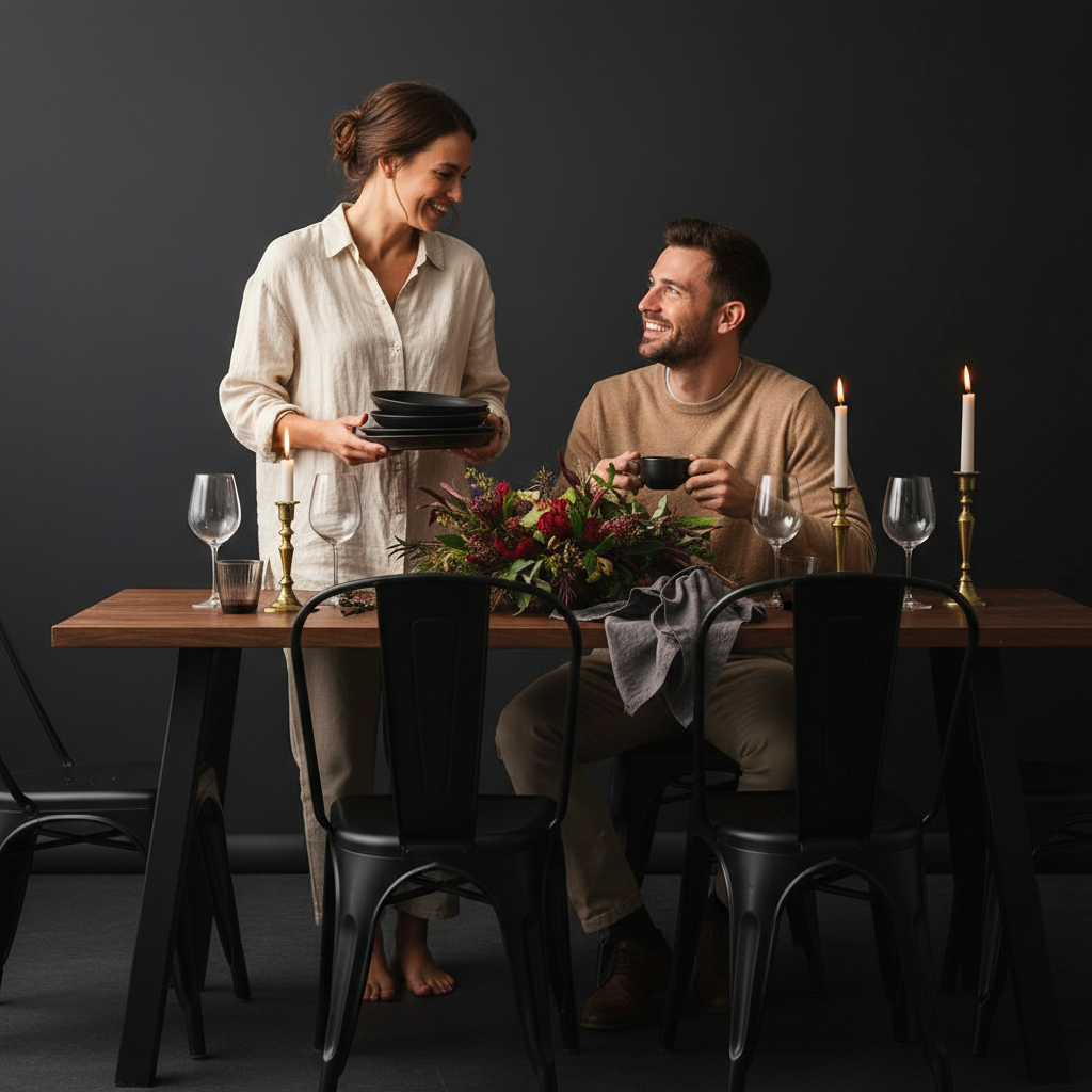 Juego de Comedor Paladio Nogal 6P + 6 Sillas Tolix Negra