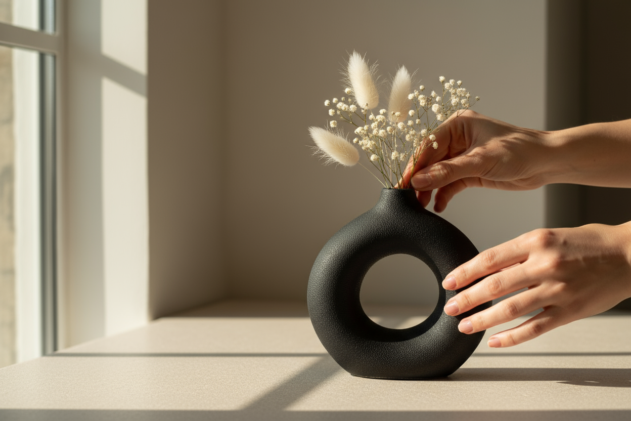 Sculptural black vase with hands arranging dried flowers