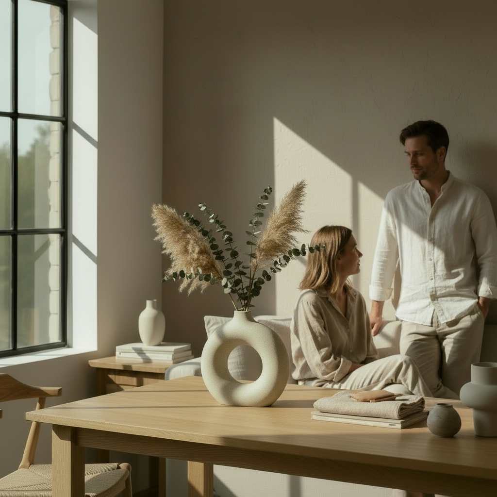 Sculptural vase with two people in living space