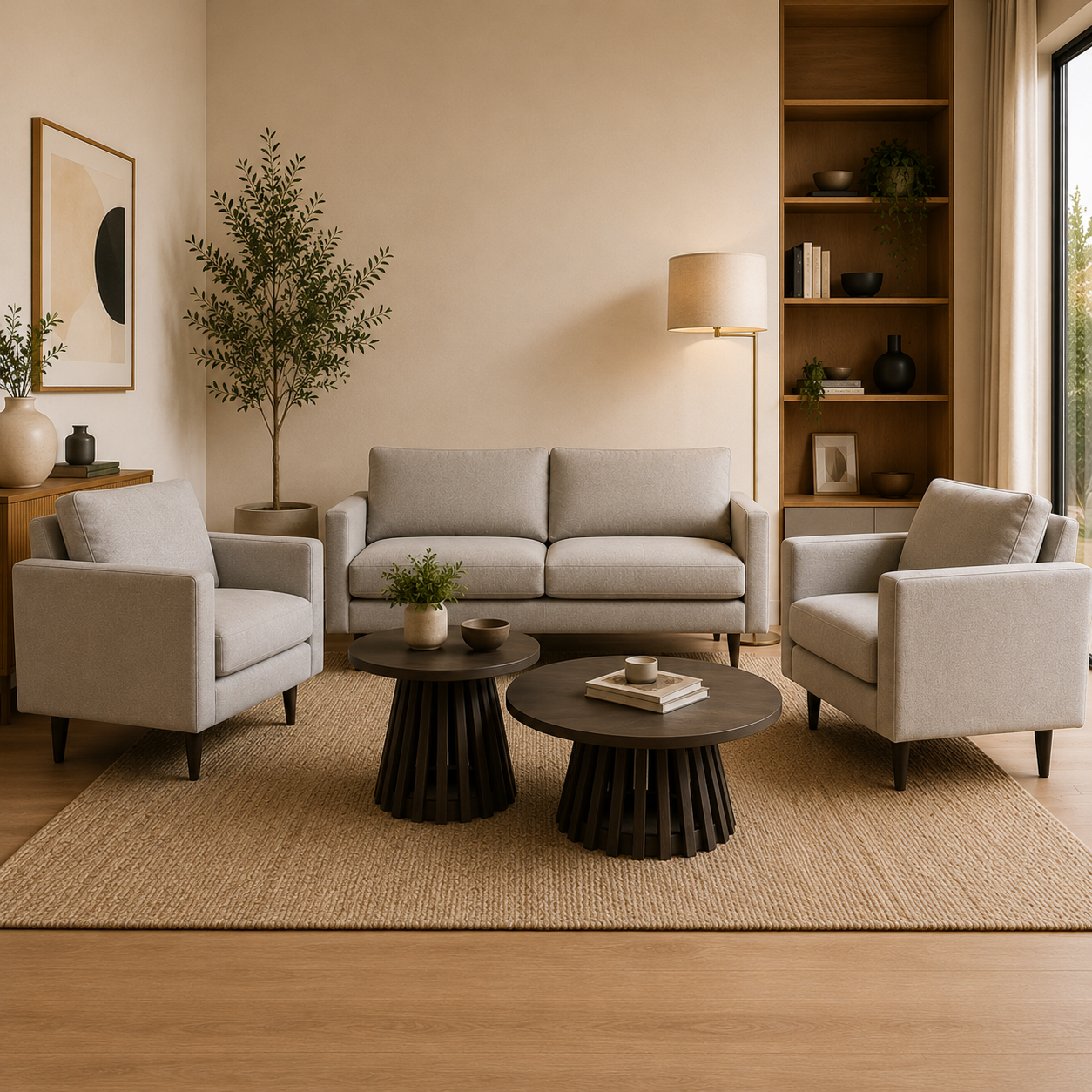 Set living Tellum sofá y 2 poltronas gris en ambiente cálido