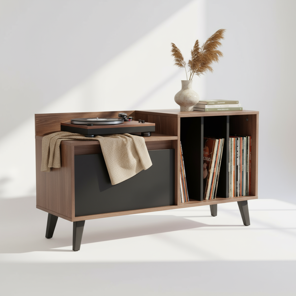 Styled vinyl rack with listening ritual objects