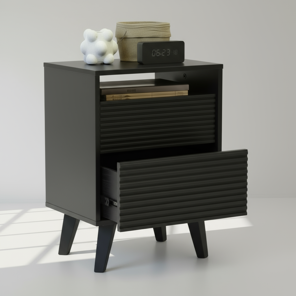 Velador Atacama Line Black con cajón abierto