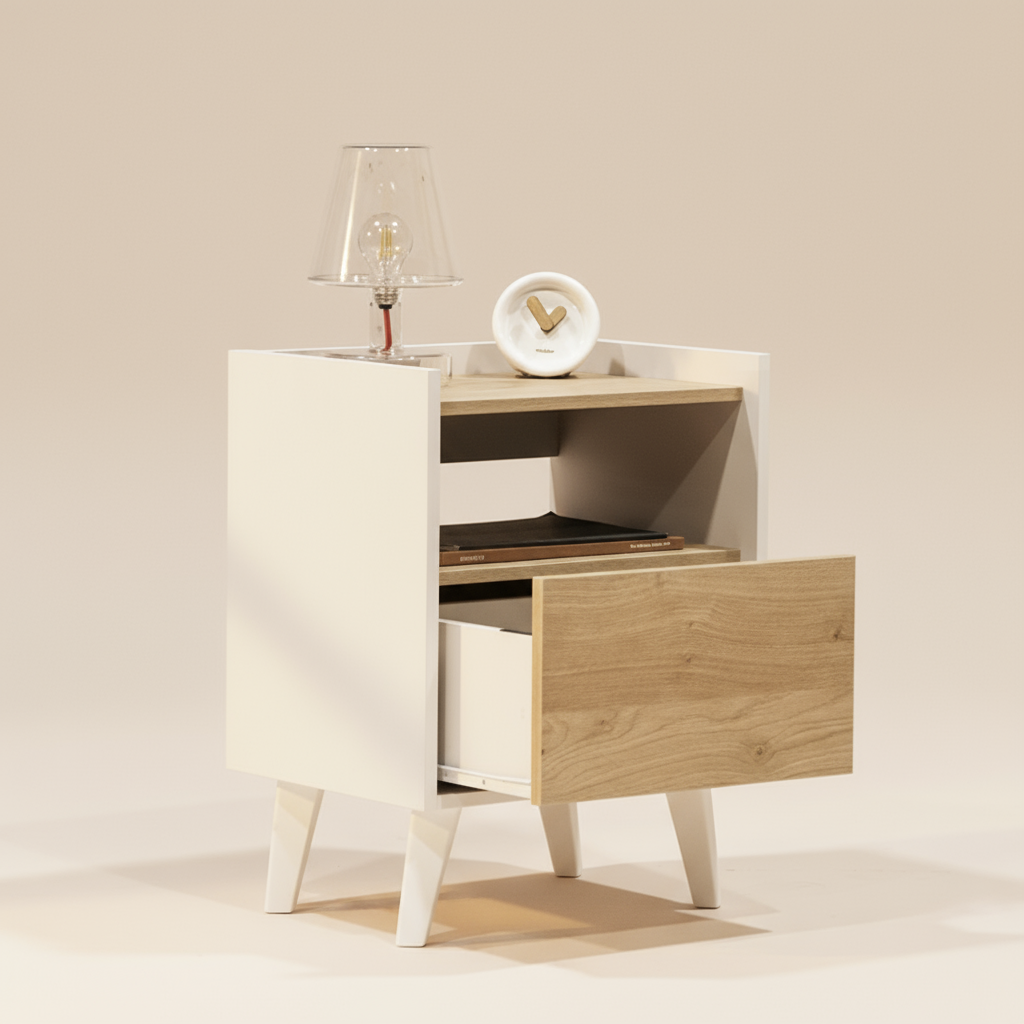 Velador Pop Roble styled with warm lighting