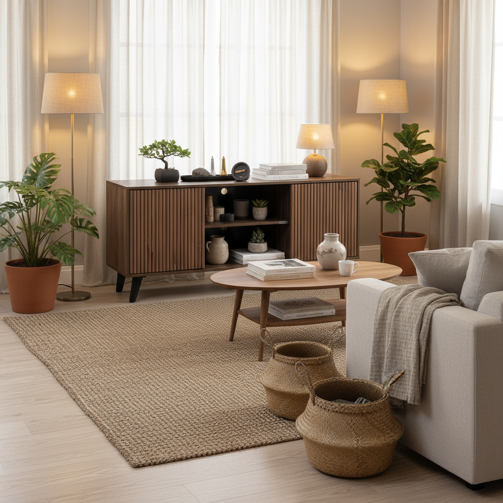 Warm contemporary living room with credenza