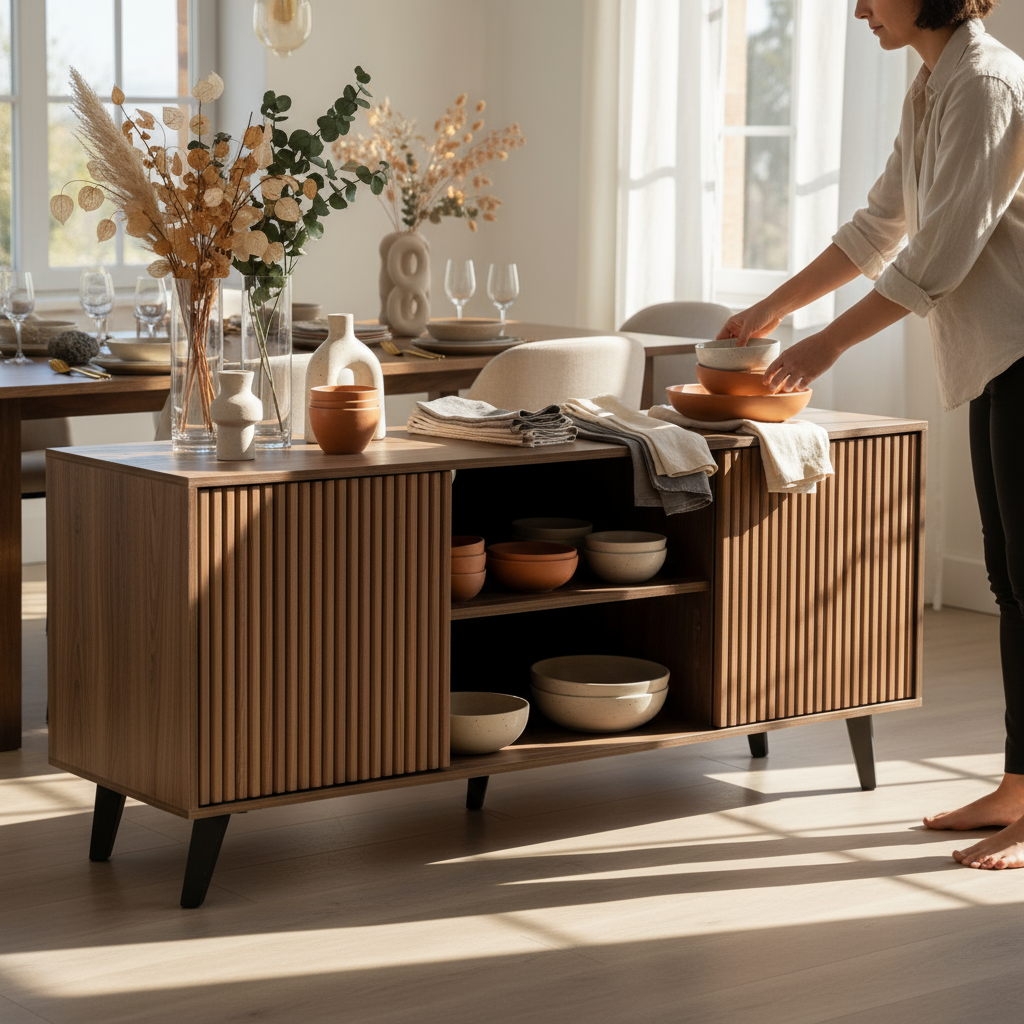 Weekend hosting scene with credenza as buffet station