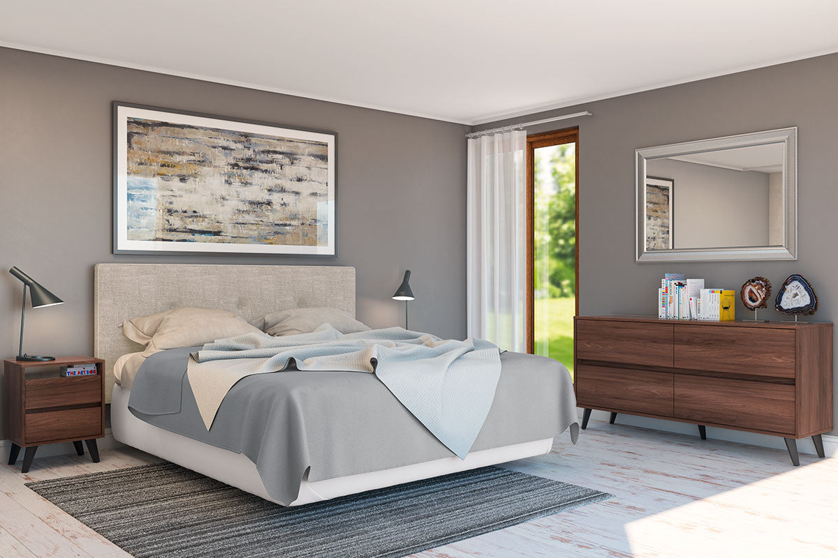 Respaldo Rapel Arena + 2 veladores Atacama Cocoa + Cómoda Atacama Cocoa - Medular Diseño Juegos de Dormitorio