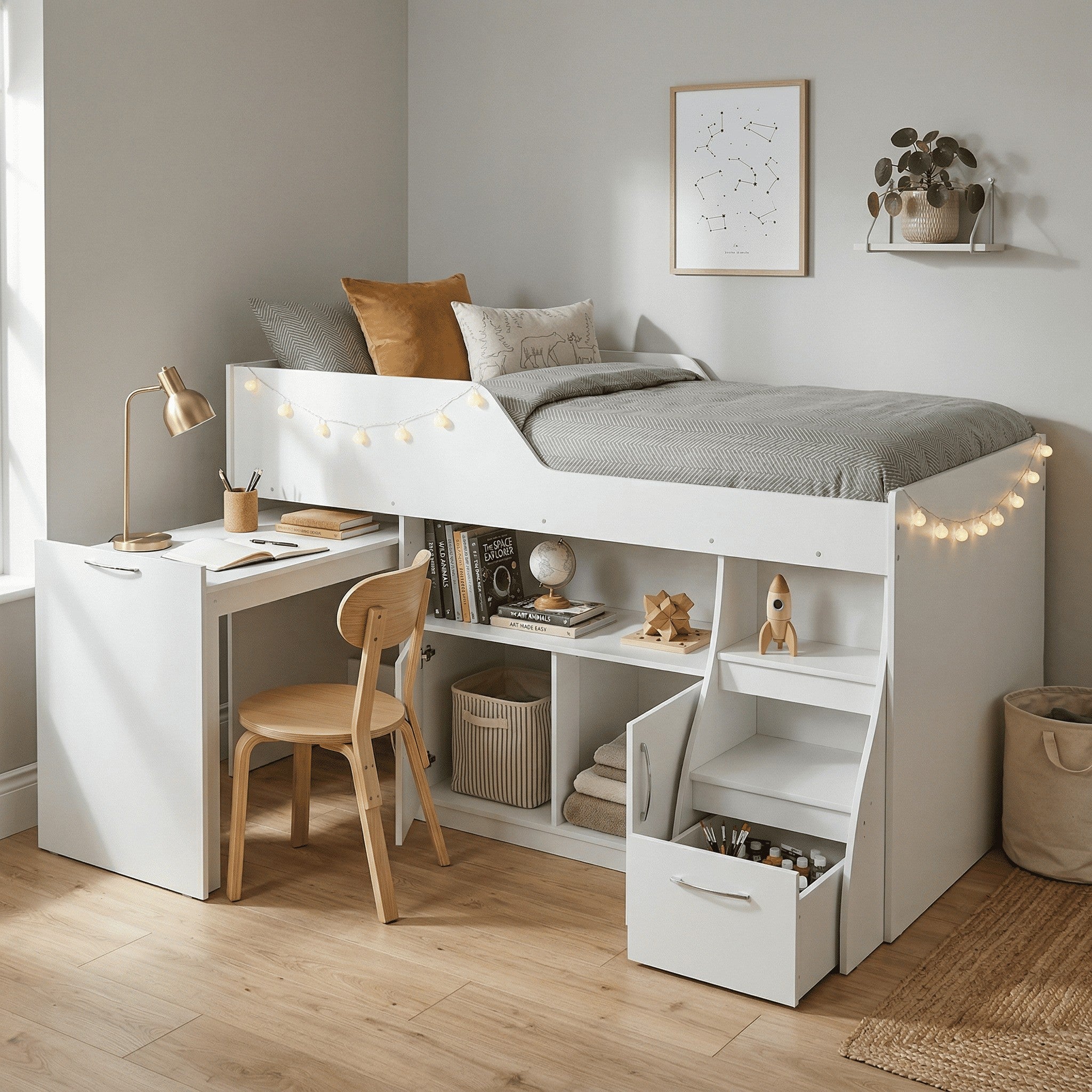 Cama Multifuncional 1.5 Plazas Off White – Con Escritorio Retráctil, Repisas & Almacenamiento