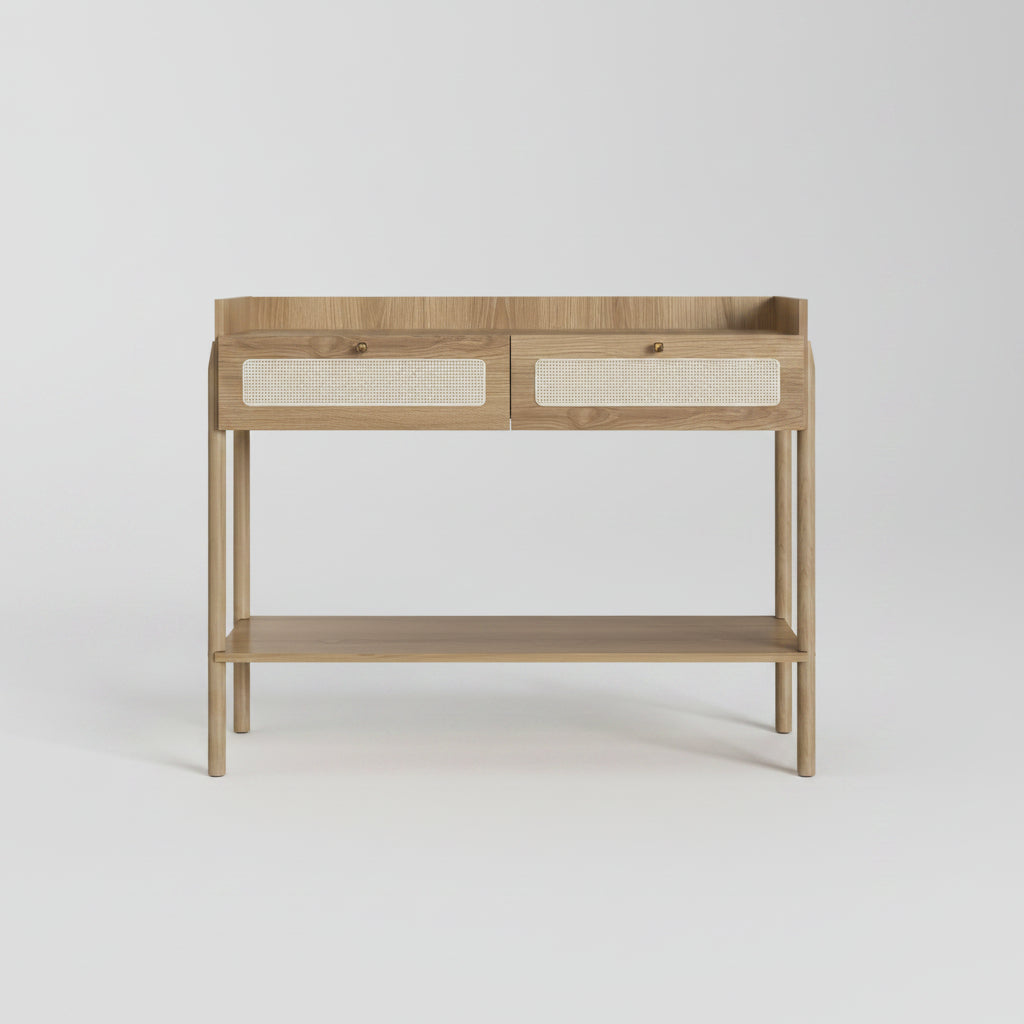 Arrimo Oslo – Roble Natural con Detalle de Rejilla & Metal Dorado