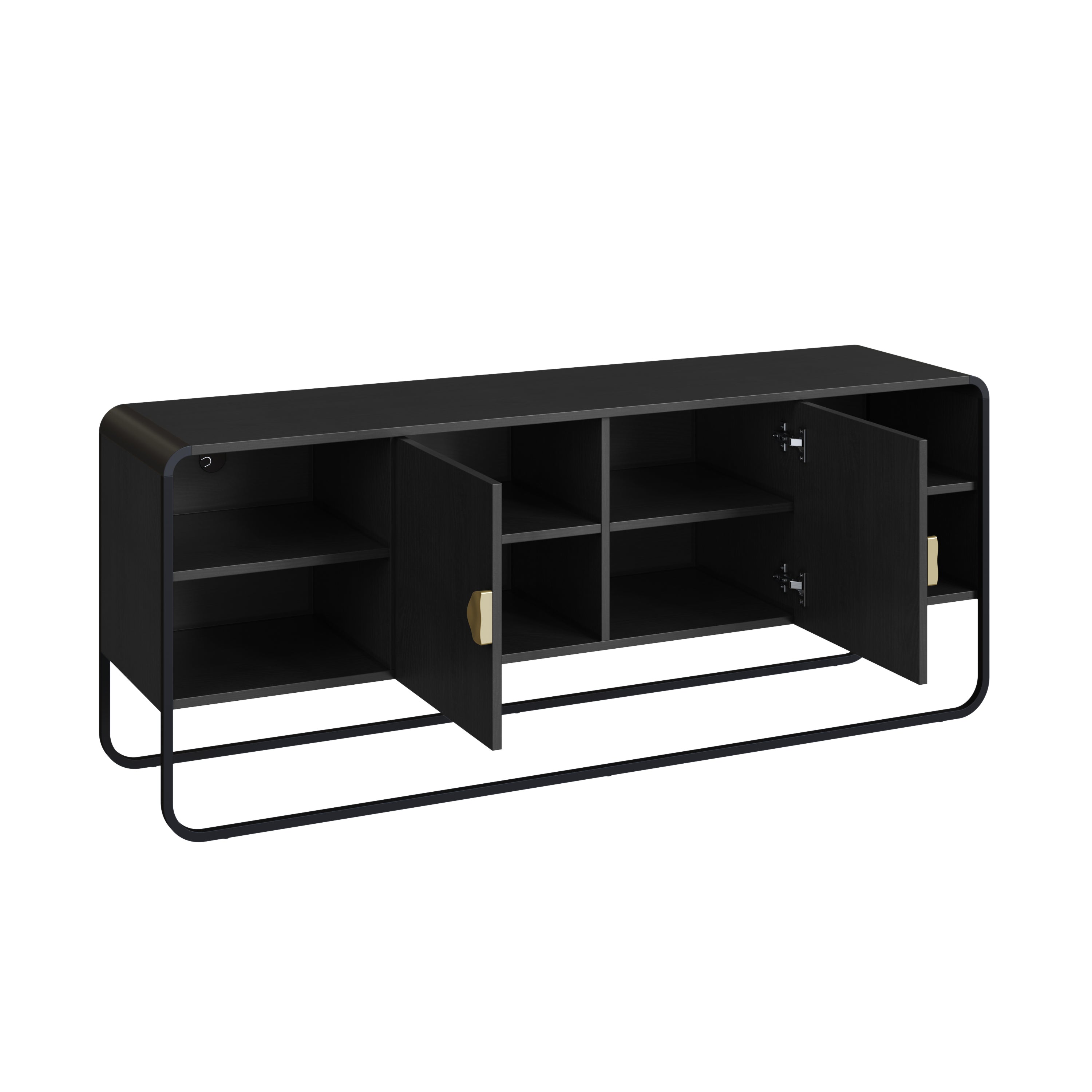 Rack TV Luna 150 – Negro Mate con 2 Puertas, Nichos Abiertos & Tirador Dorado
