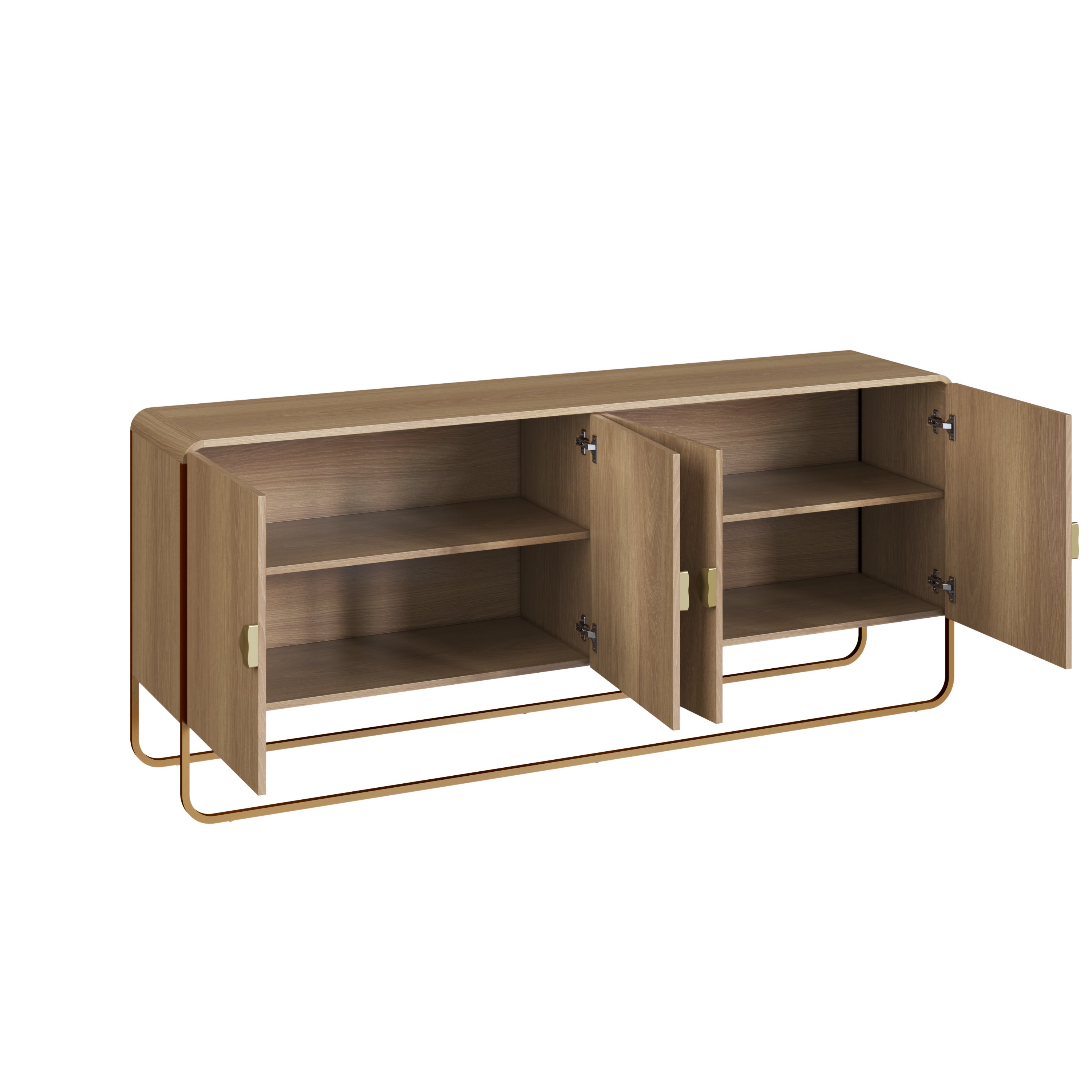 Buffet Aparador Luna – Madera Natural con 4 Puertas, Base & Tiradores Dorados