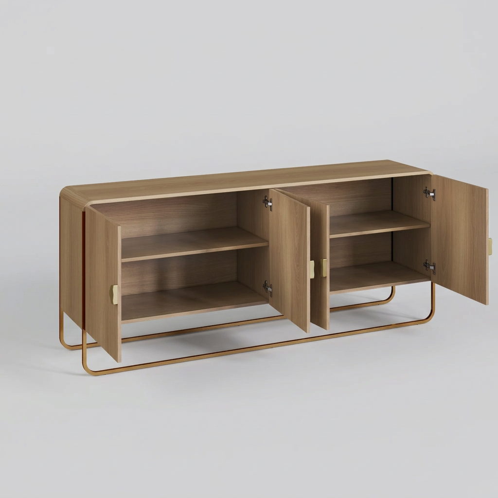 Buffet Aparador Luna – Madera Natural con 4 Puertas, Base & Tiradores Dorados