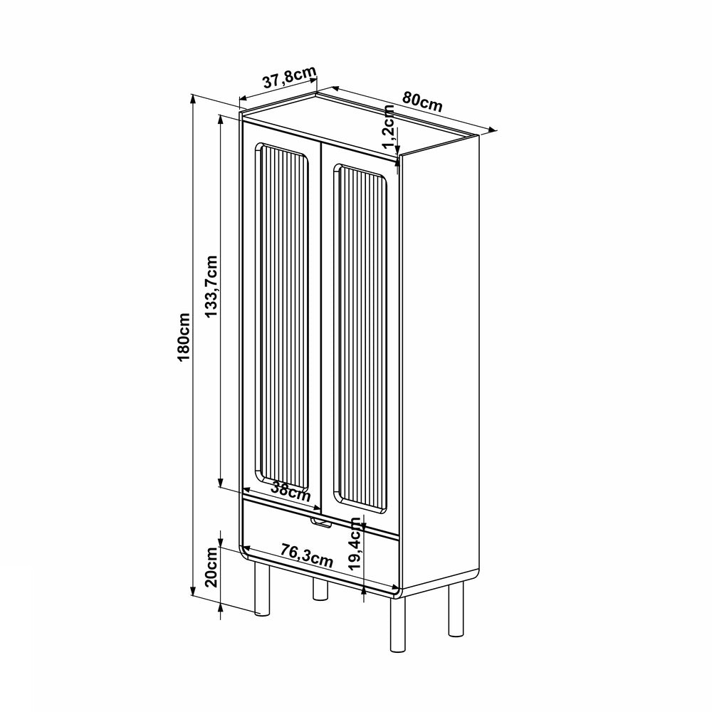 Vitrina Aura 1.8 m Off-White – Vajillero 2 Puertas de Vidrio Acanalado con Cajón & Patas de Madera