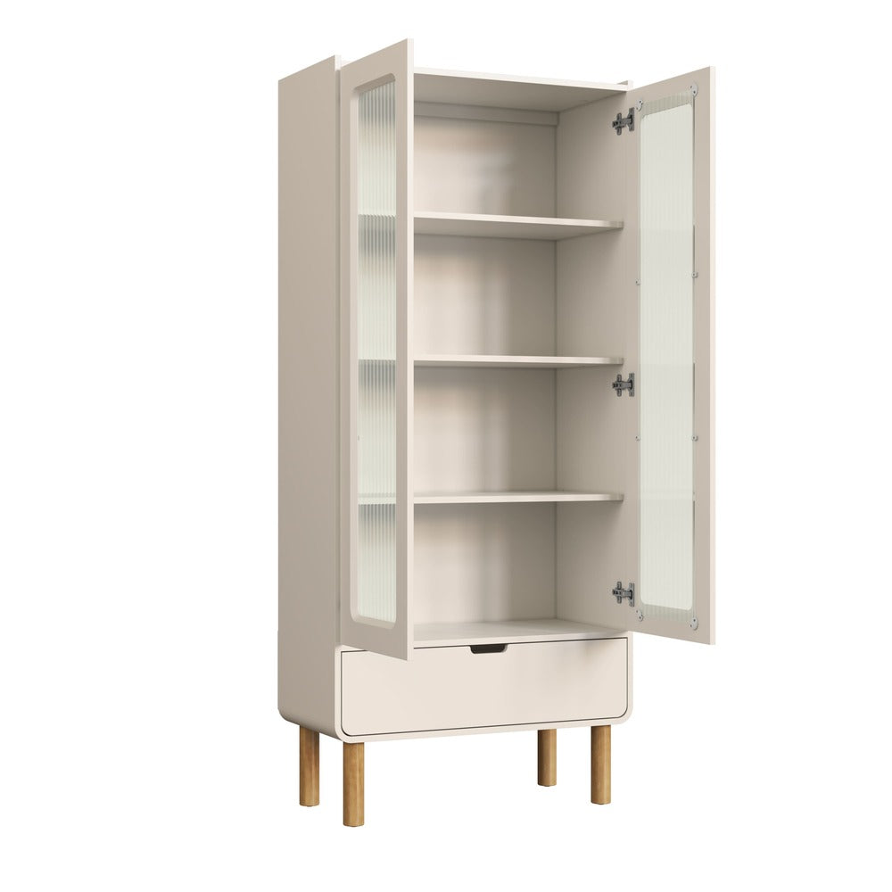 Vitrina Aura 1.8 m Off-White – Vajillero 2 Puertas de Vidrio Acanalado con Cajón & Patas de Madera