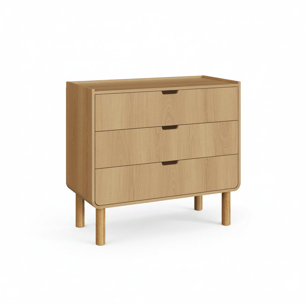 Cómoda Aurea 3 Cajones Natural – Cajonera de Madera Escandinava con Bordes Curvos