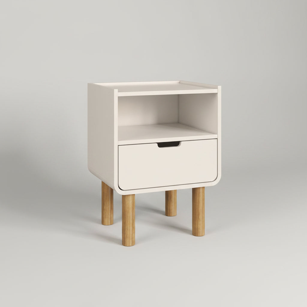 Velador Aurea Off White / Madera – Mesa de Noche Escandinava con Nicho Abierto & Cajón