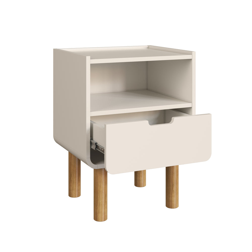 Velador Aurea Off White / Madera – Mesa de Noche Escandinava con Nicho Abierto & Cajón