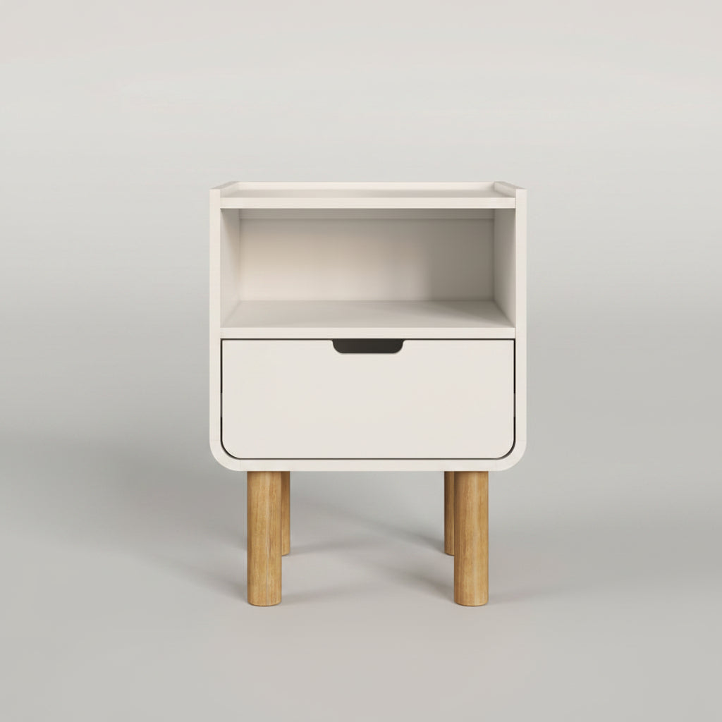 Velador Aurea Off White / Madera – Mesa de Noche Escandinava con Nicho Abierto & Cajón