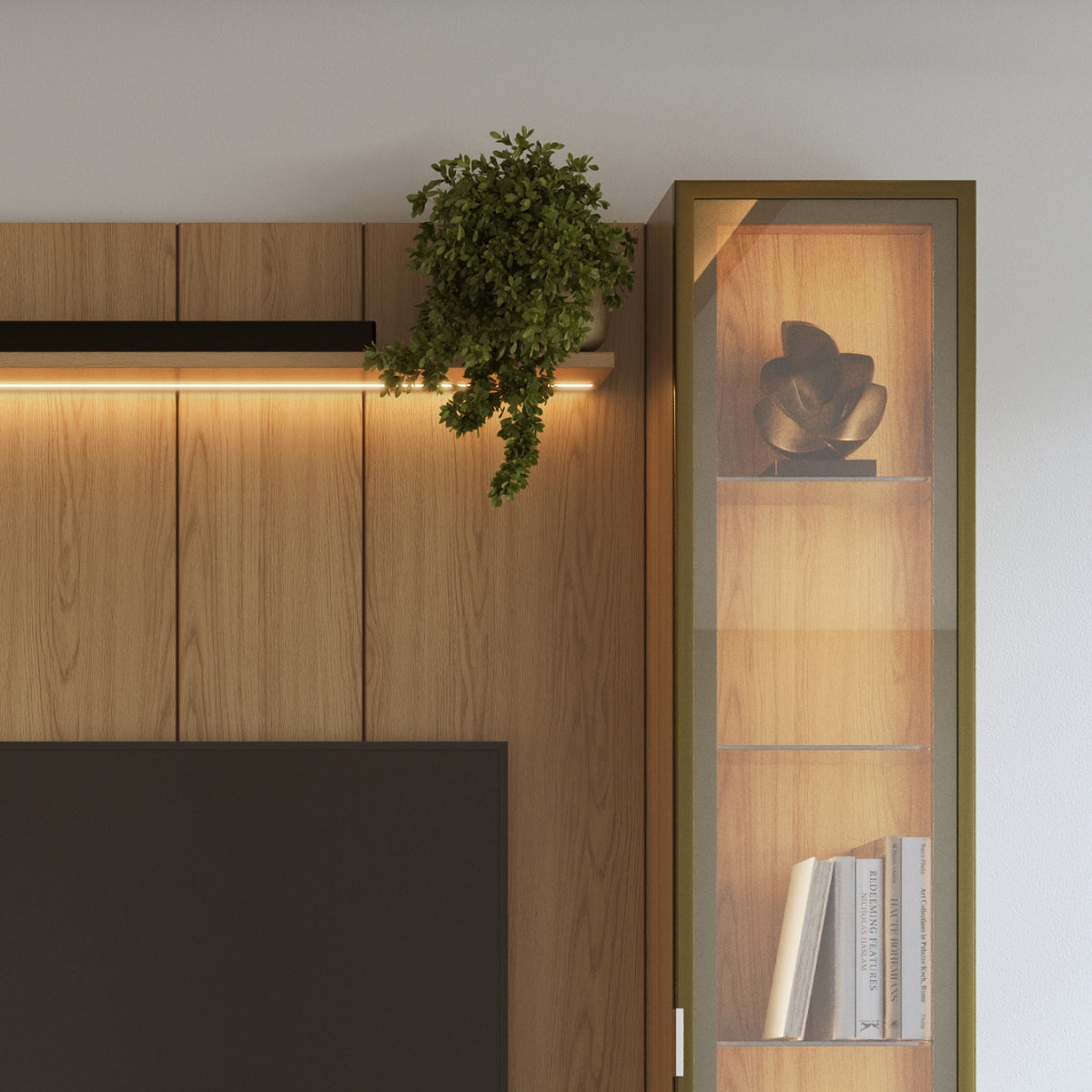 Rack 2.1 + Panel 2.2 Neon Float Led + 2 Vitrinas con 1 Puerta Carvalho