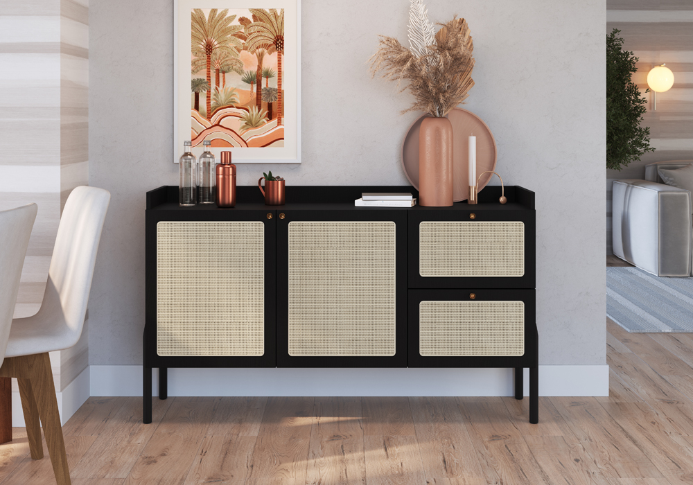 Aparador Nórdico Black & Rattan – Elegancia, Calidez y Orden para tu Hogar