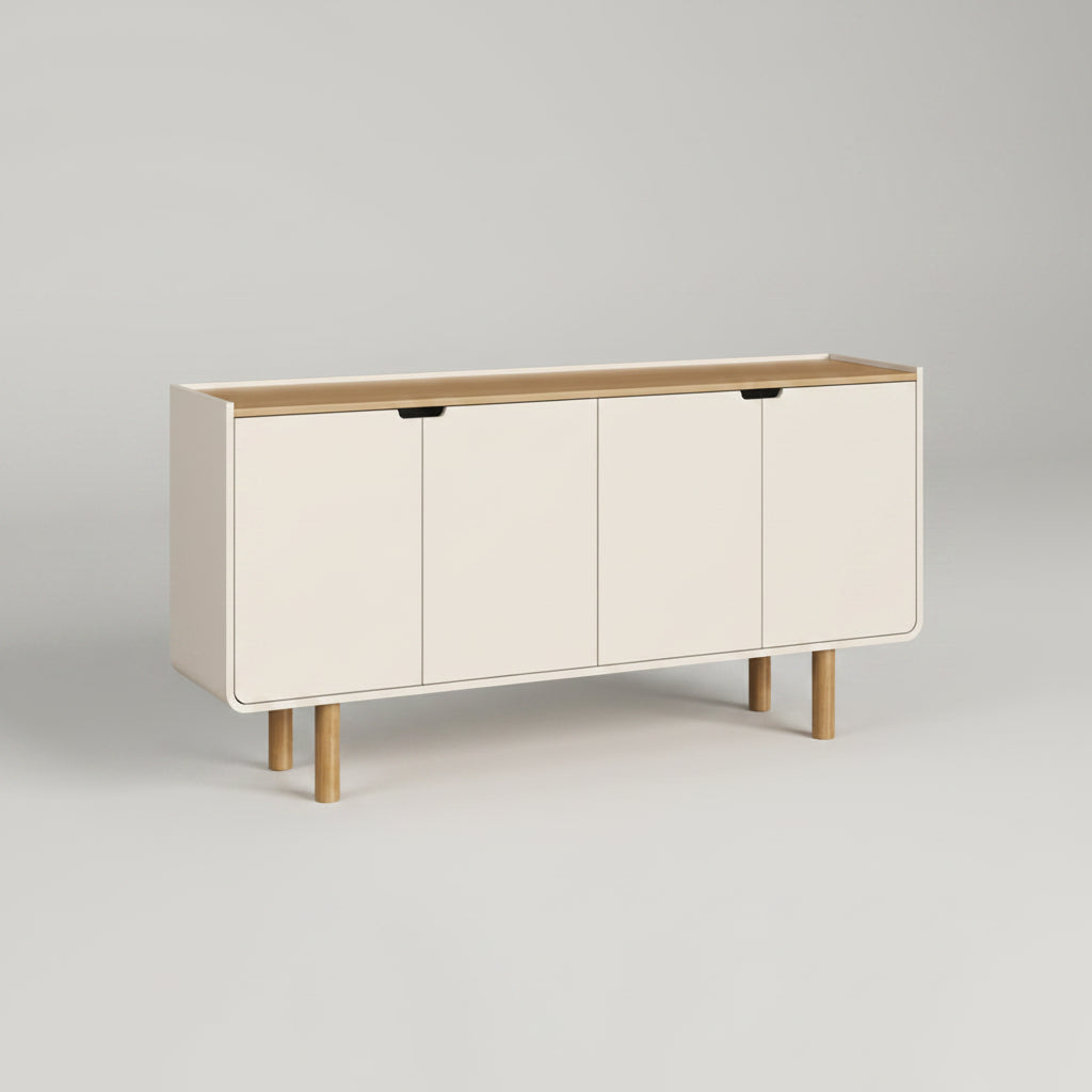 Buffet Aurea 4 Puertas Off White / Madera – Aparador de Comedor con Bordes Curvos