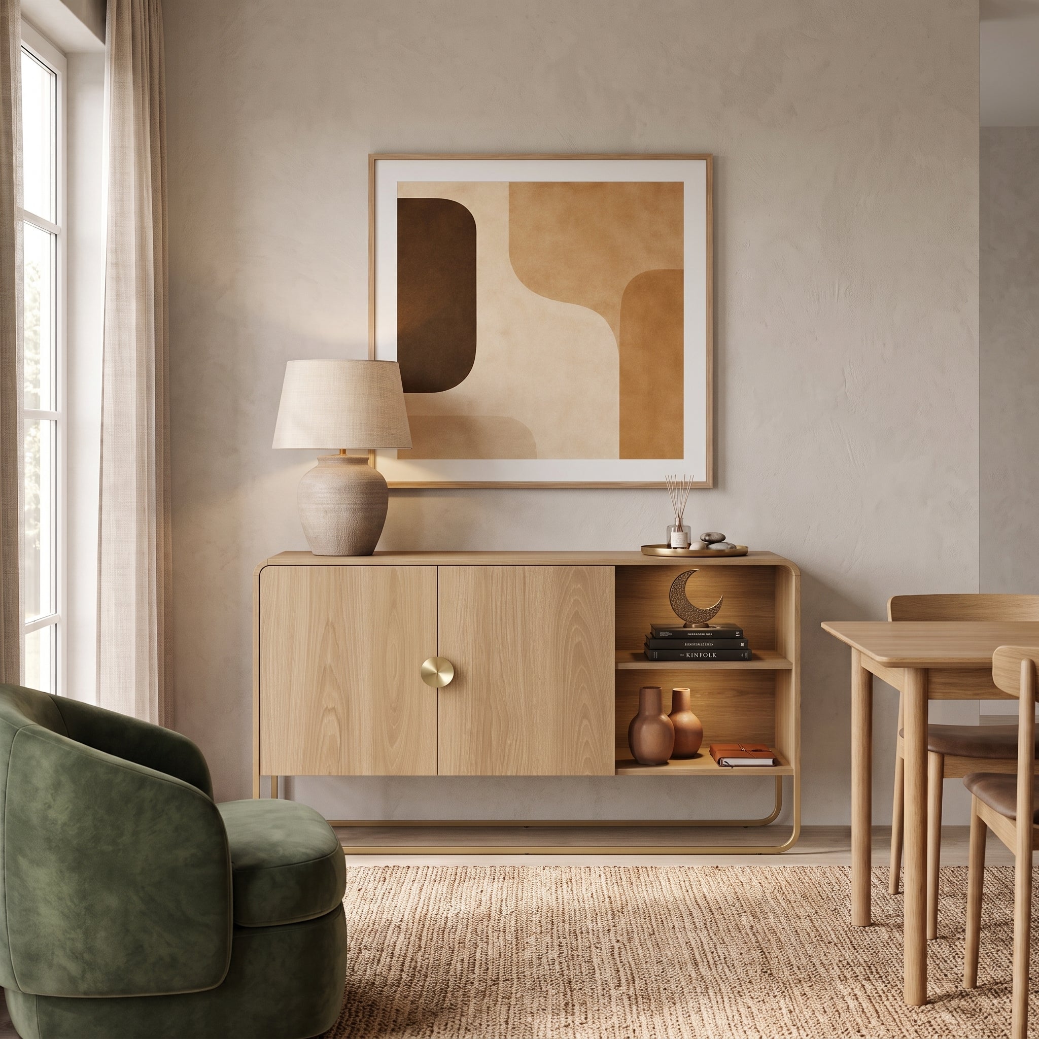 Buffet Aparador Luna 135 cm – Roble Natural, Repisa Abierta &amp; Acentos en Metal Dorado