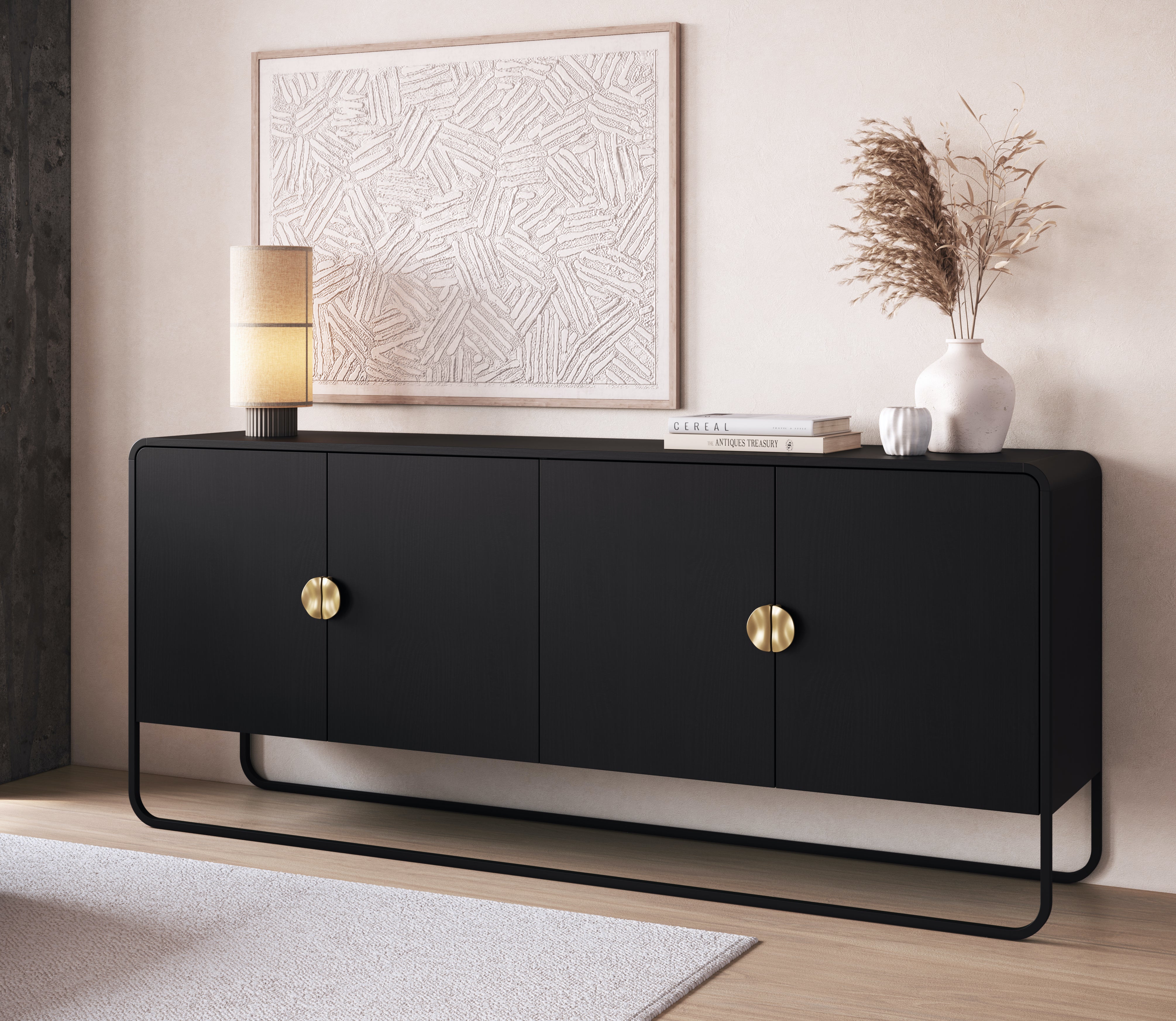 Buffet Aparador Luna – Negro Vetan & Tiradores Circulares de Metal Dorado