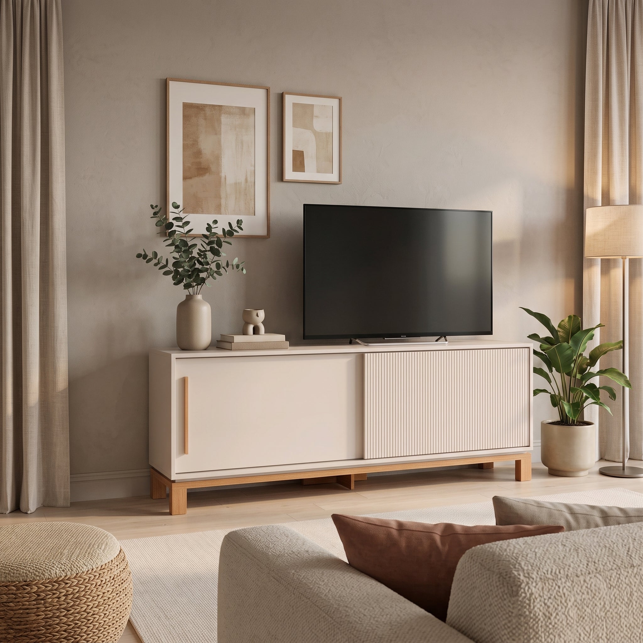 Rack Mondrian Off White / Madera – Mueble de TV con Puerta Corredera Varillada