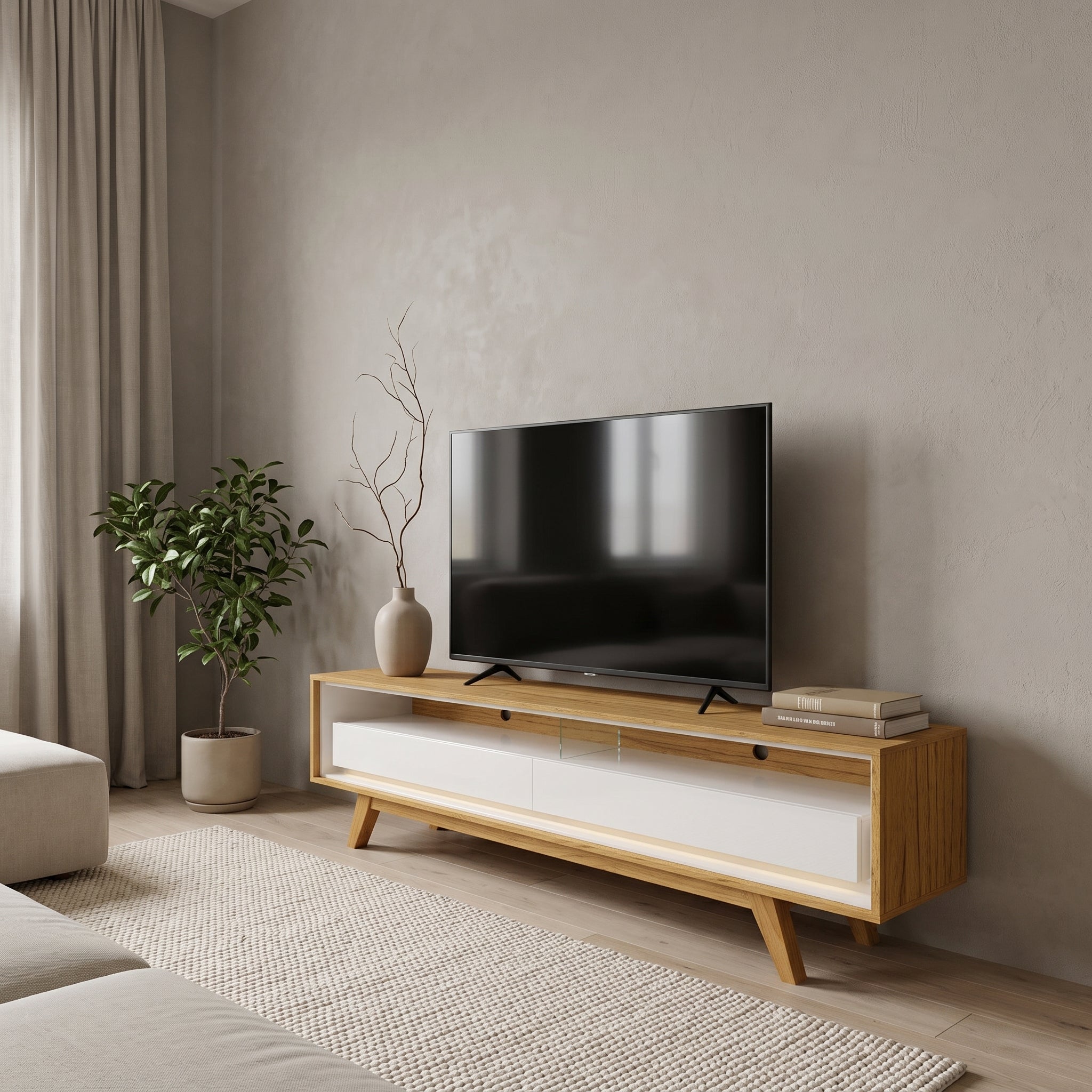 Rack Req Madera / Blanco – Mueble de TV Escandinavo con Iluminación LED Integrada