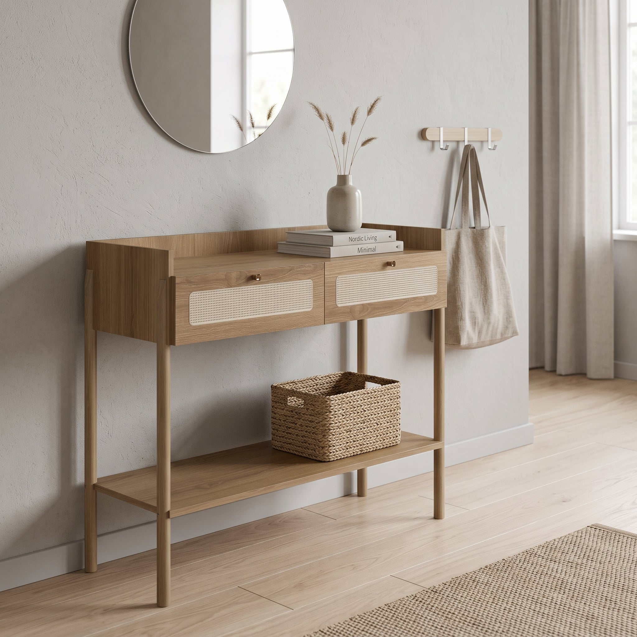 Arrimo Oslo – Roble Natural con Detalle de Rejilla & Metal Dorado