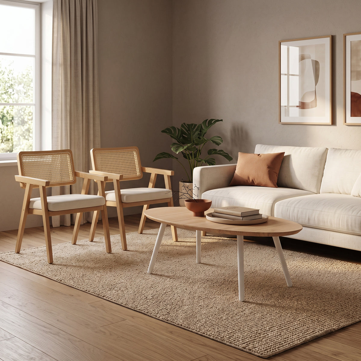 Sitial Chandigarh – Silla de Acompañamiento en Madera Natural, Respaldo de Ratán & Asiento Acolchado