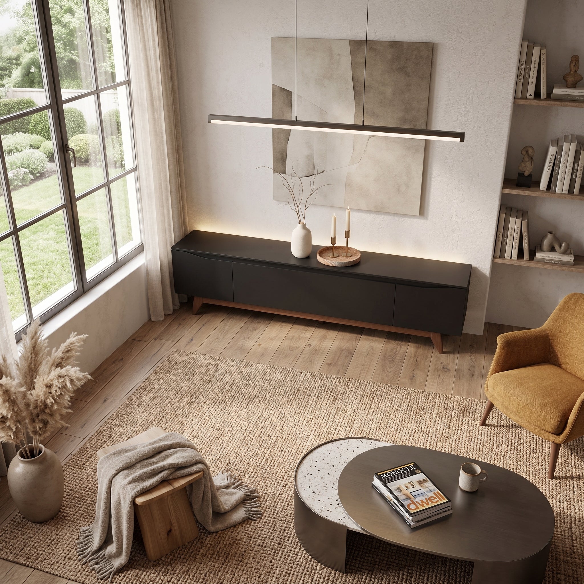 Rack Flyn Stilo Negro 2,2– Mueble de TV con Base de Madera Natural