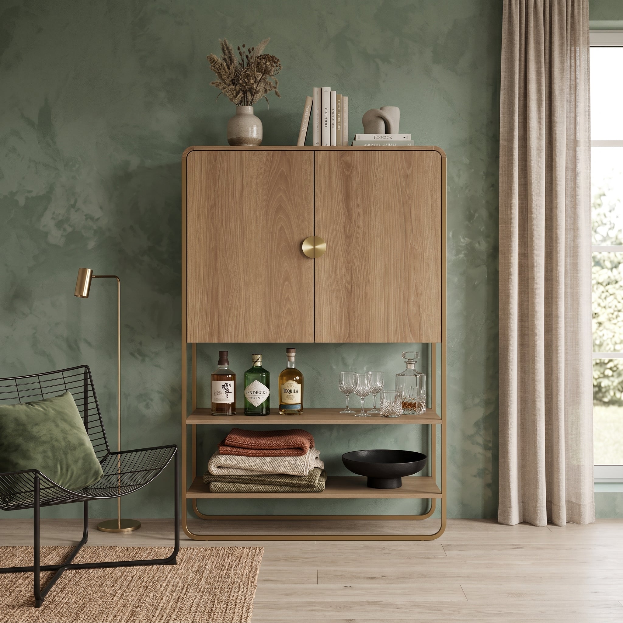Aparador Alto Luna – Roble Natural, Módulo Bar & Base en Metal Dorado