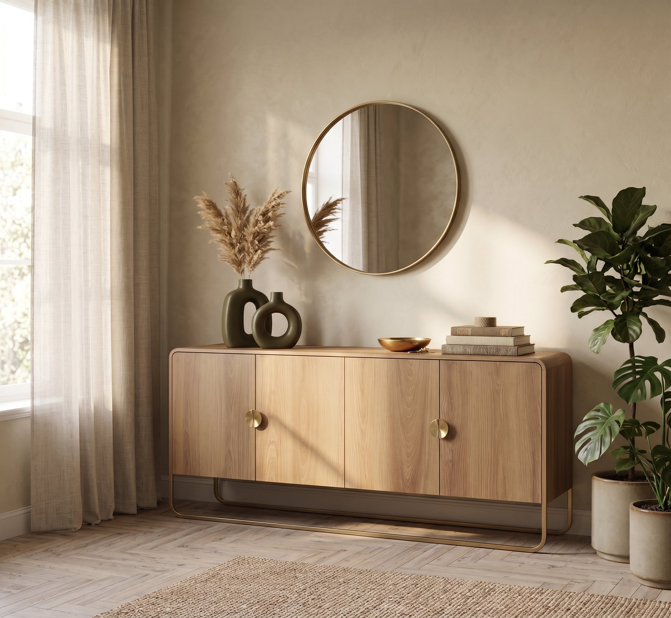 Buffet Aparador Luna – Madera Natural con 4 Puertas, Base & Tiradores Dorados