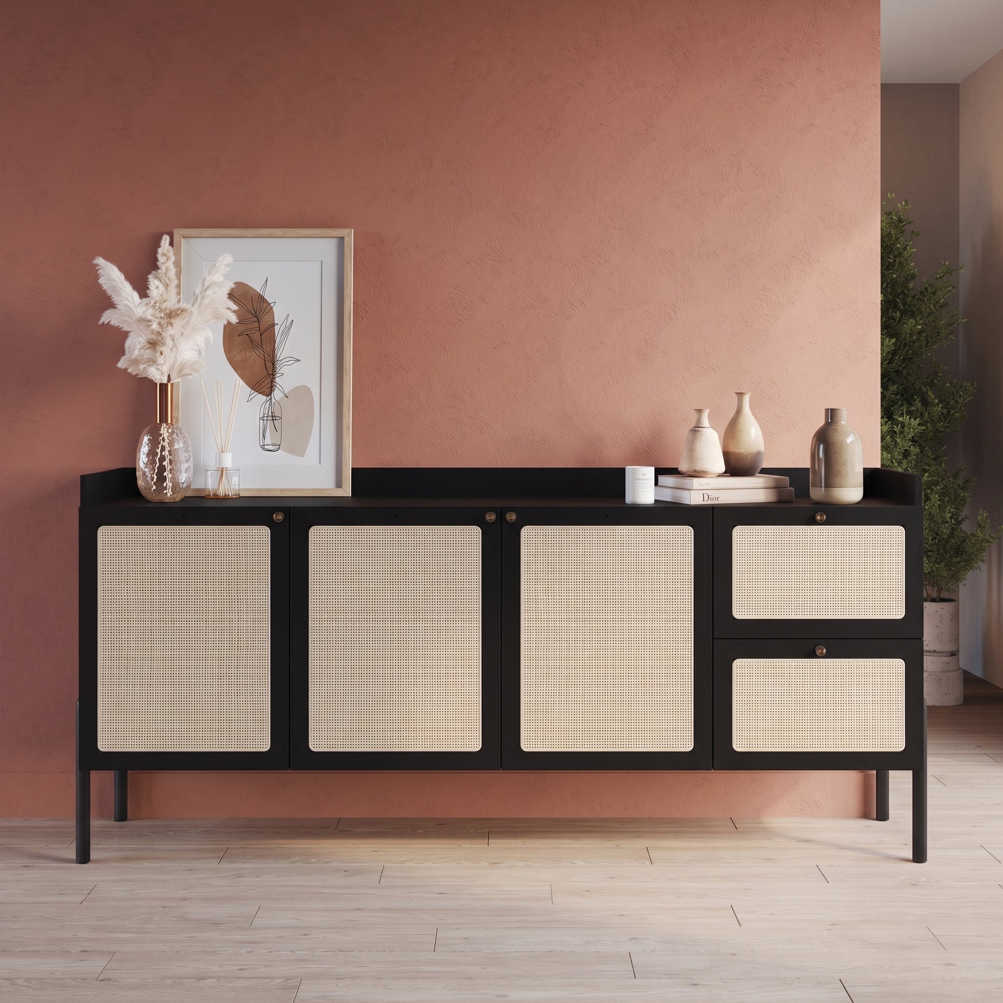 Buffet Aparador Oslo – Negro Mate con Detalle de Rejilla Natural & Metal Dorado