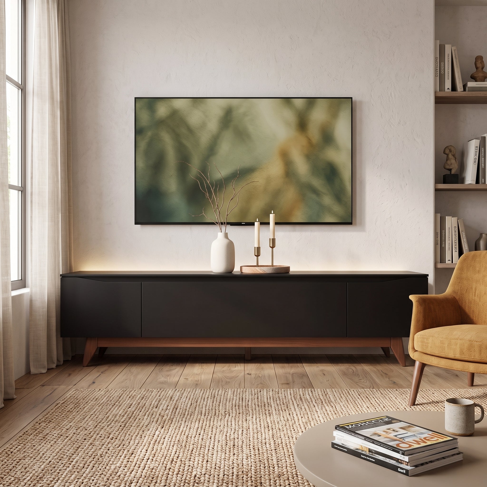 Rack Flyn Stilo Negro 2,2– Mueble de TV con Base de Madera Natural