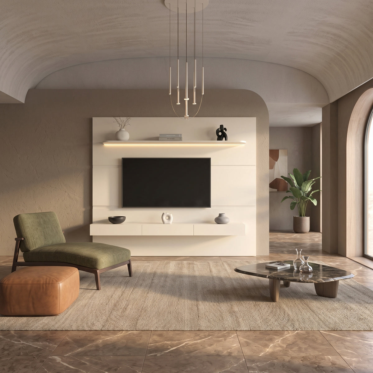 Panel de Muro para TV Home Royal 2.2 m Off-White – Rack Flotante con Iluminación LED & Repisa Flotante