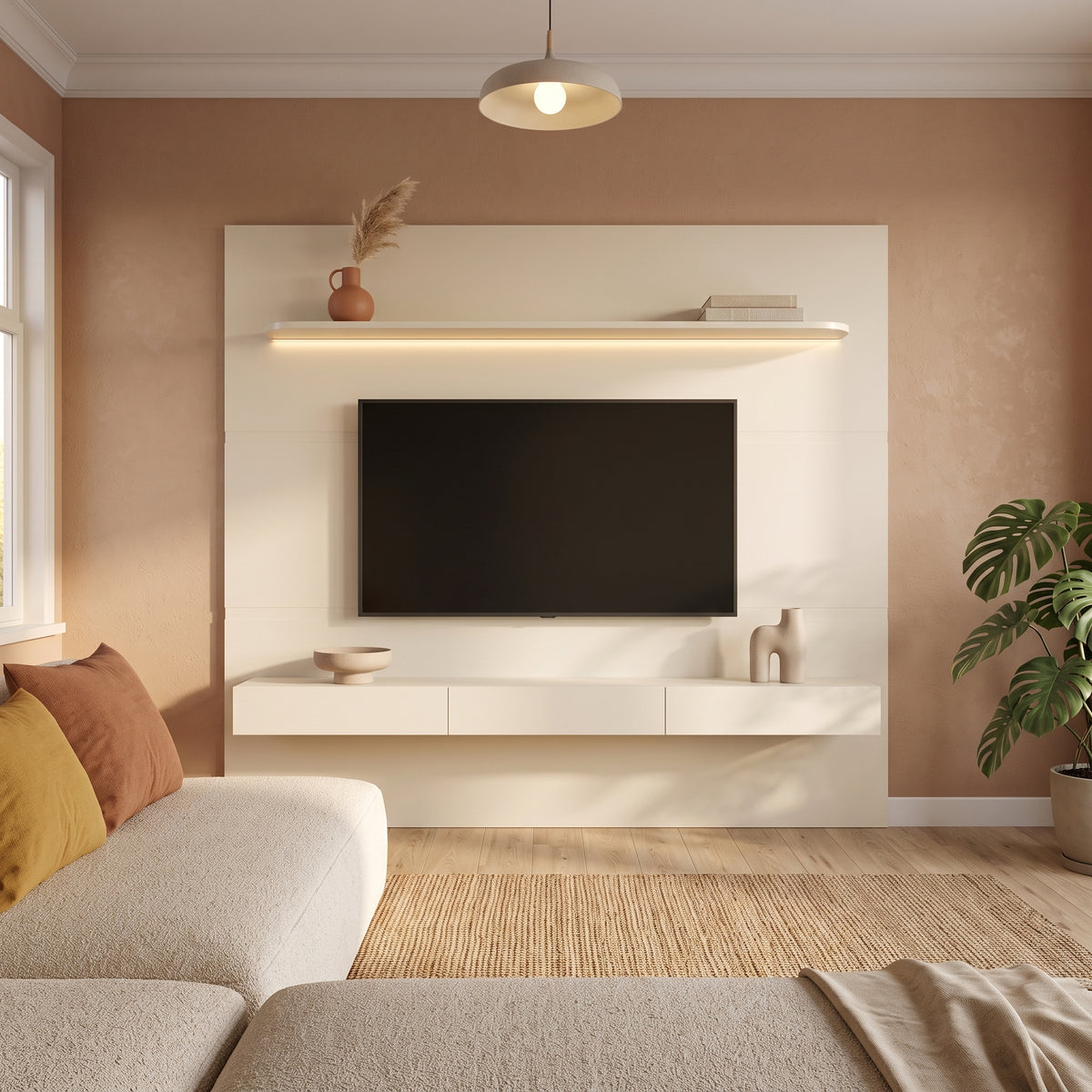 Panel de Muro para TV Home Royal 2.2 m Off-White – Rack Flotante con Iluminación LED & Repisa Flotante