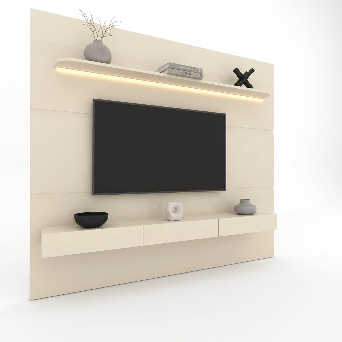 Panel de Muro para TV Home Royal 2.2 m Off-White – Rack Flotante con Iluminación LED & Repisa Flotante